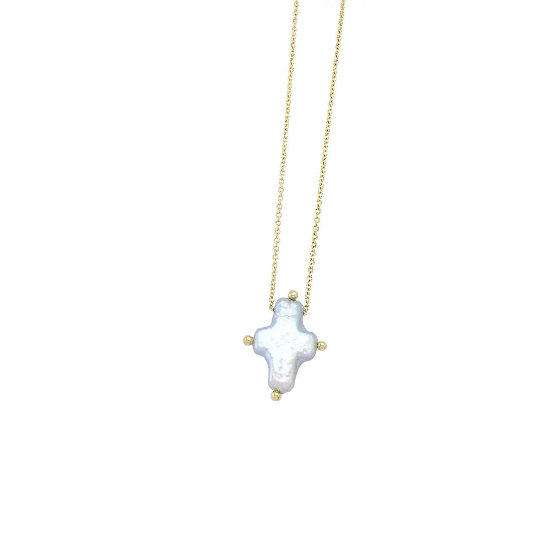 14K Gold, Small Pearl Cross Necklace