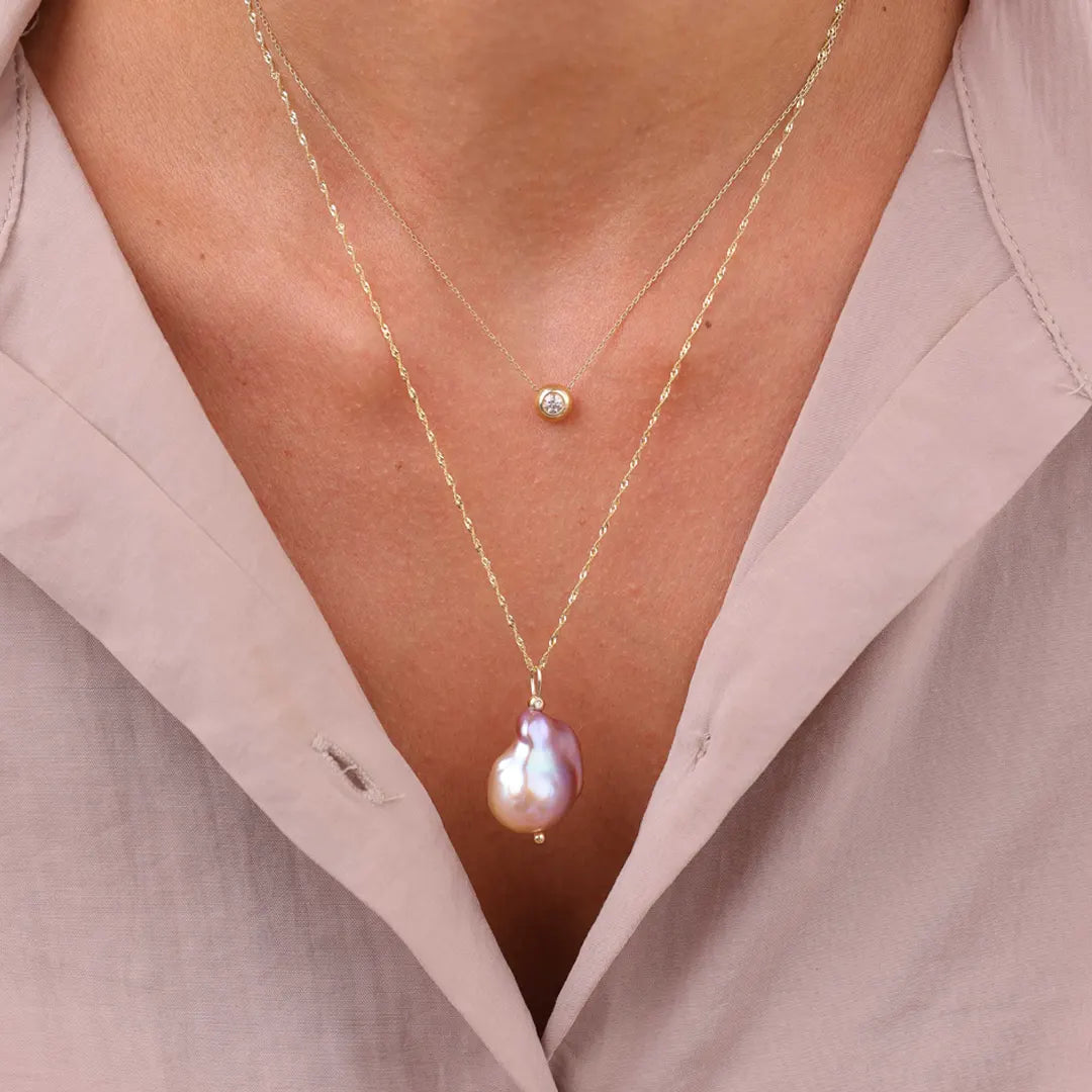 14K Gold, Pink Pearl Drop Necklace