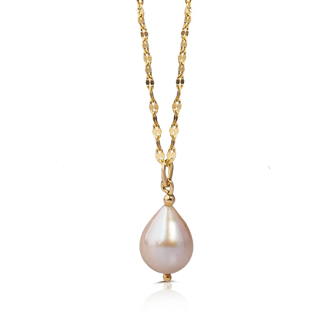 14K Gold Small Pink Pearl Drop Necklace