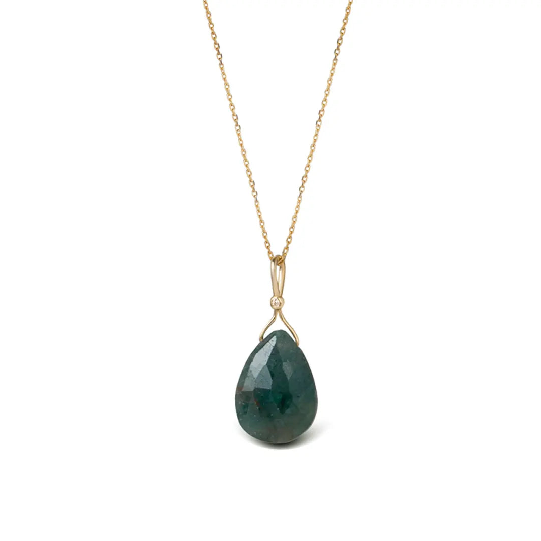 Rough Dark Green Emerald Drop Necklace