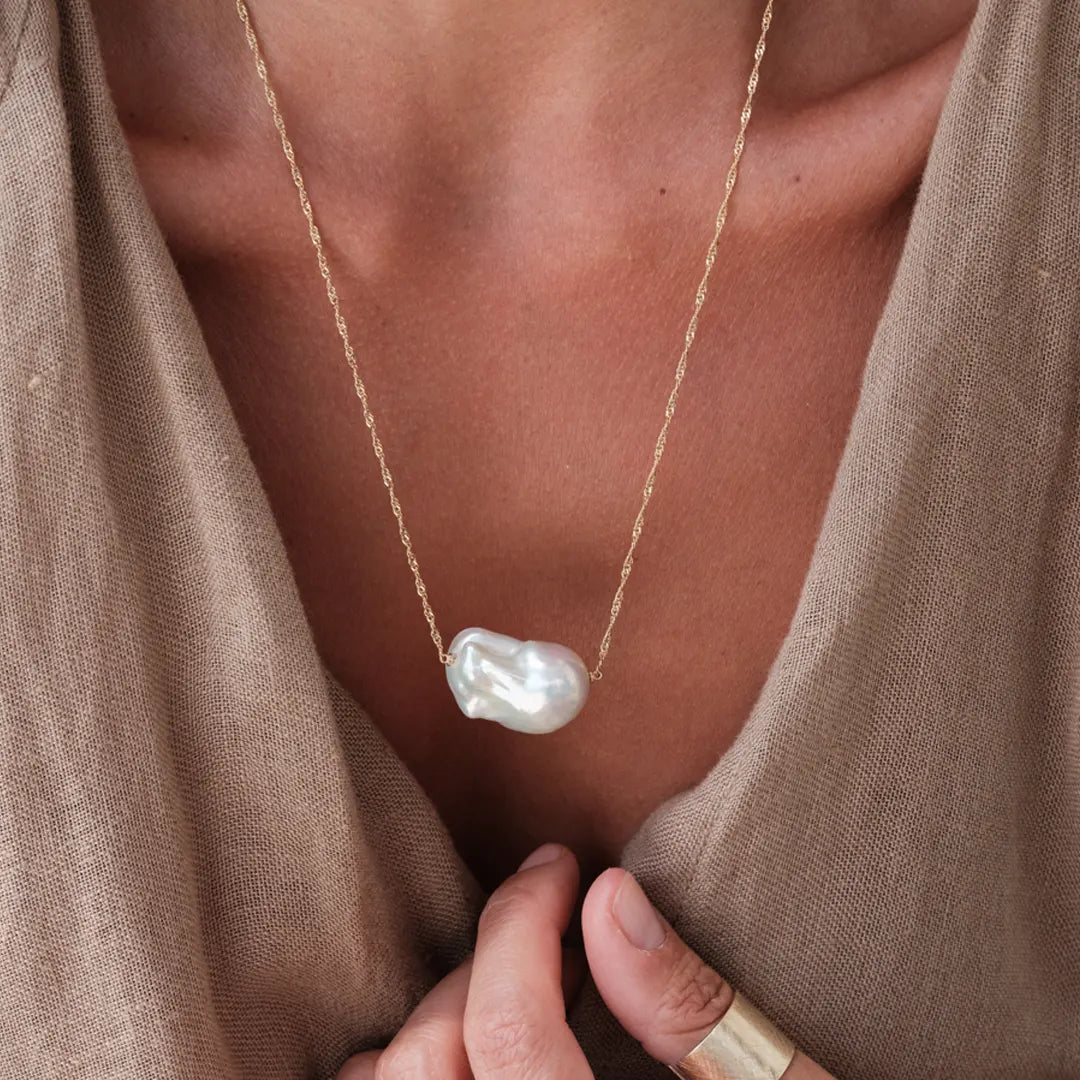 14K Gold, Big Baroque Pearl Necklace with chain