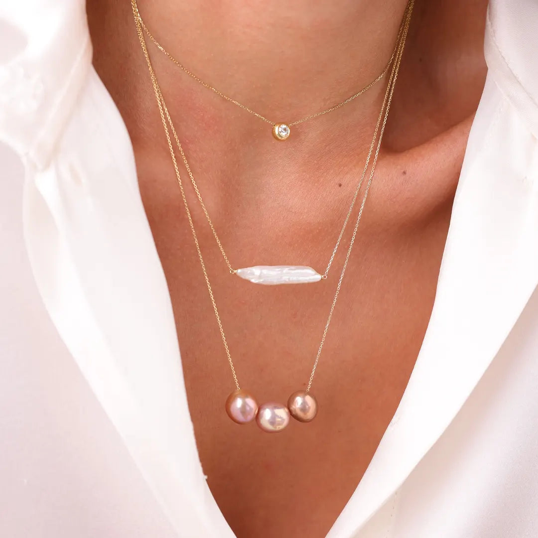 14K Gold, Baroque Long Pearl Necklace with chain