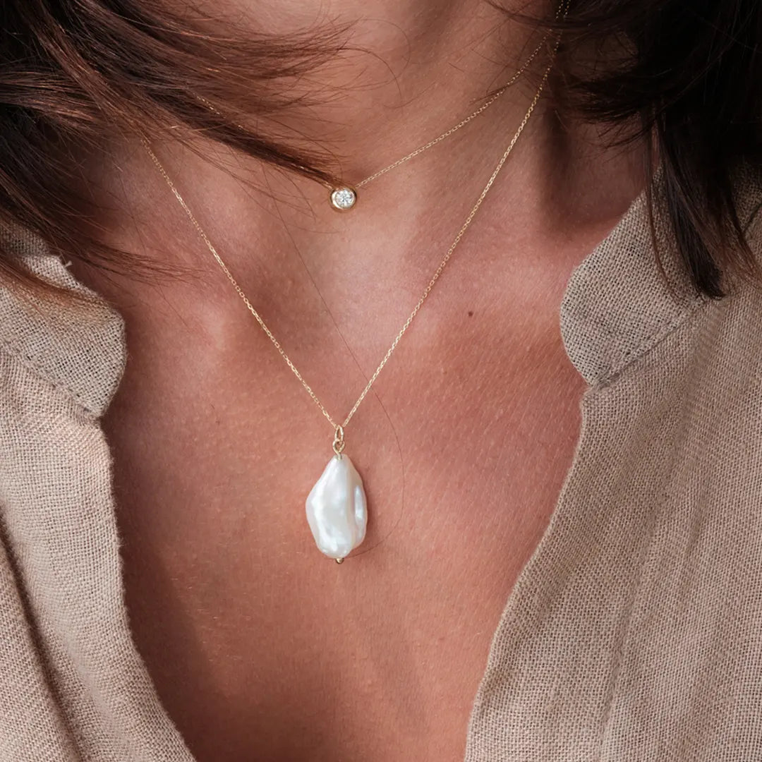 14K Gold Baroque Pearl Drop Necklace