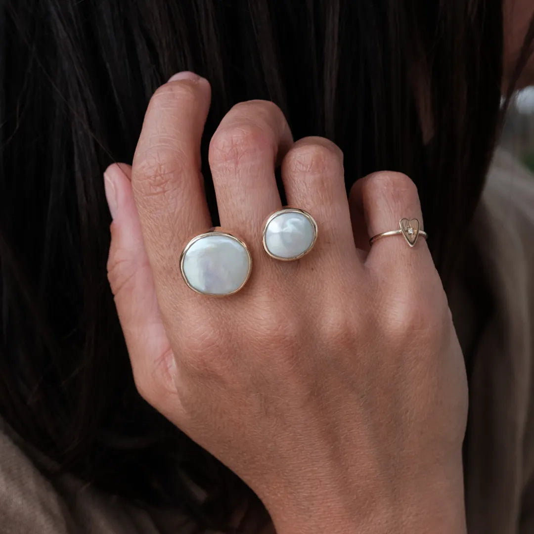 14K Gold, Double Round Big Pearl Ring