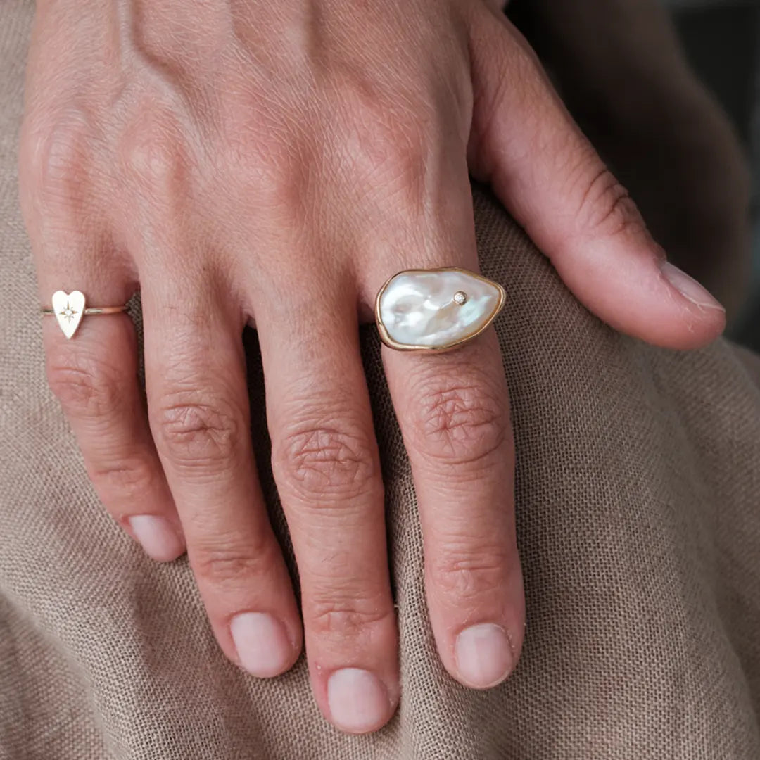 14K Gold  Irregular Baroque  Pearl Ring with gold dot and diamond