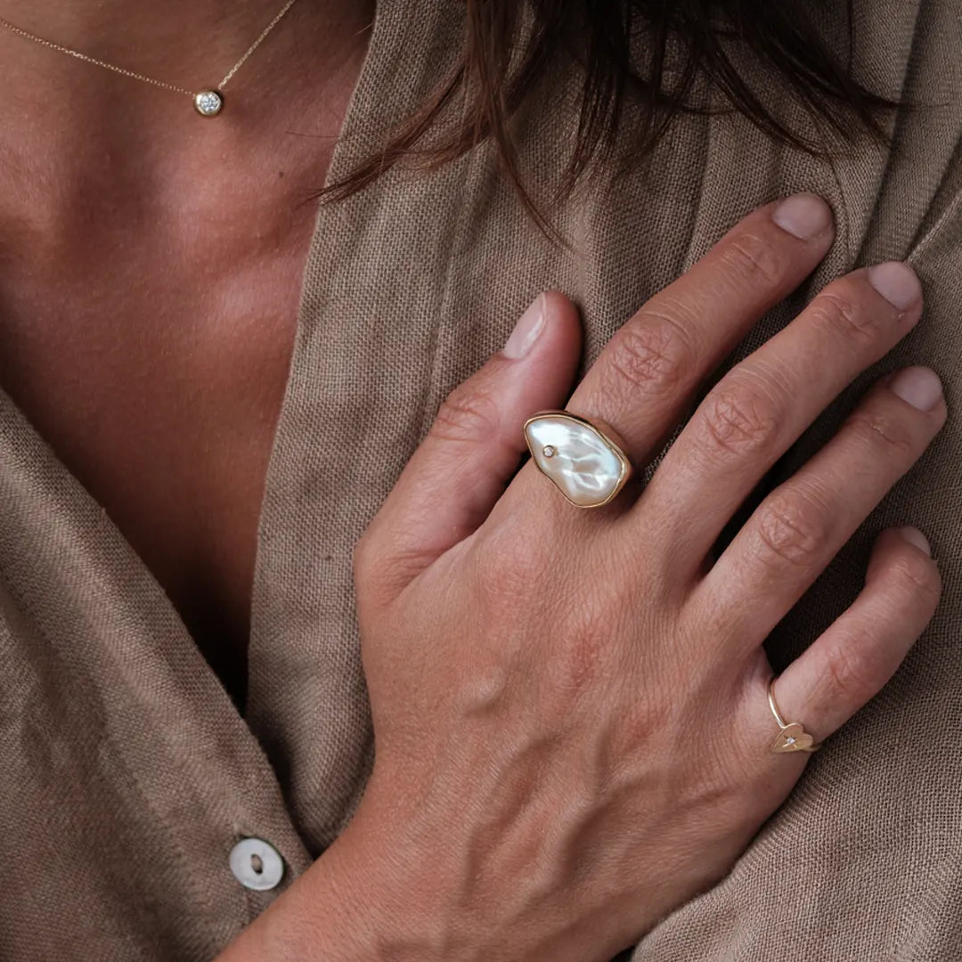 14K Gold  Irregular Baroque  Pearl Ring with gold dot and diamond