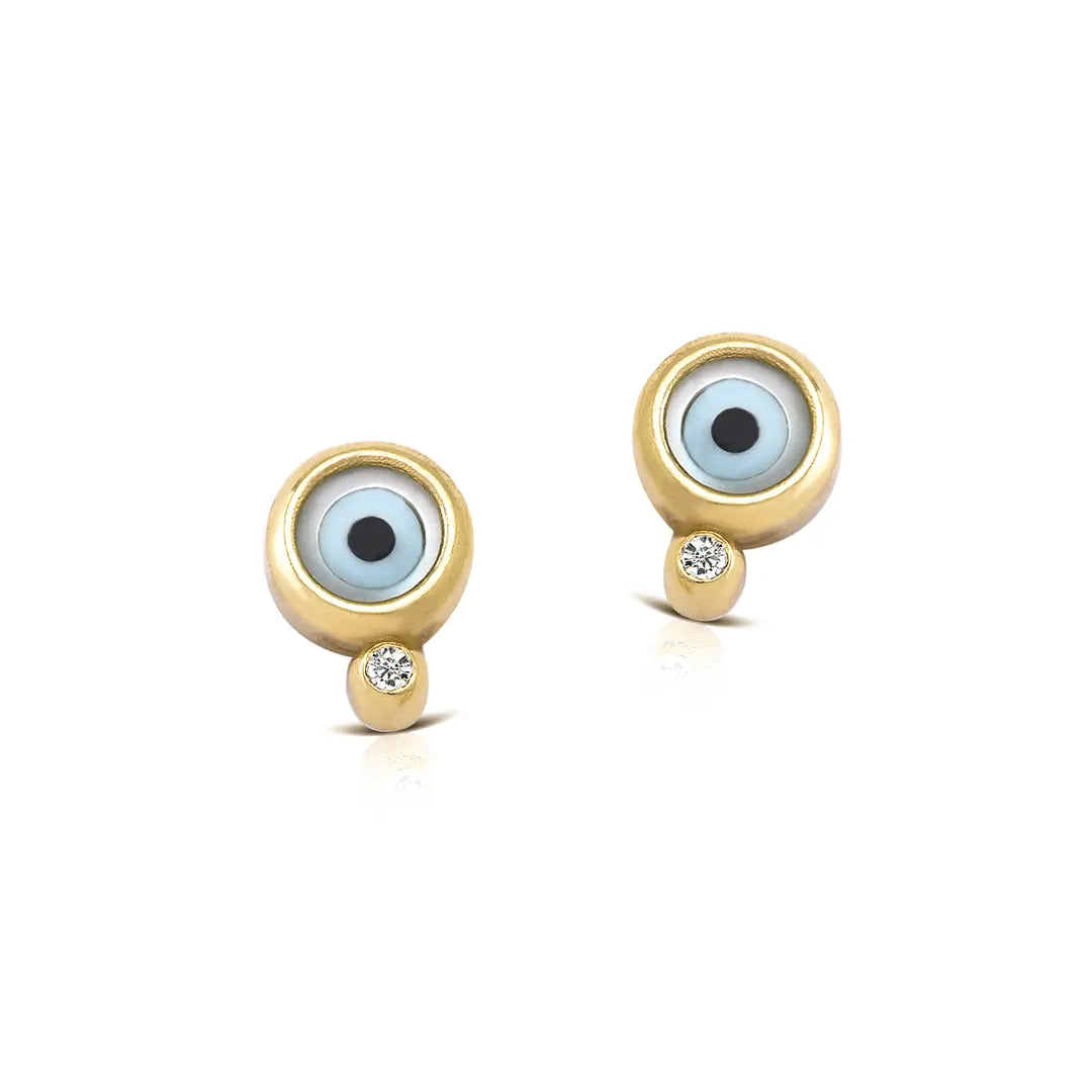 Round Evil Eye 14K Gold Tiny Earrings with Diamond