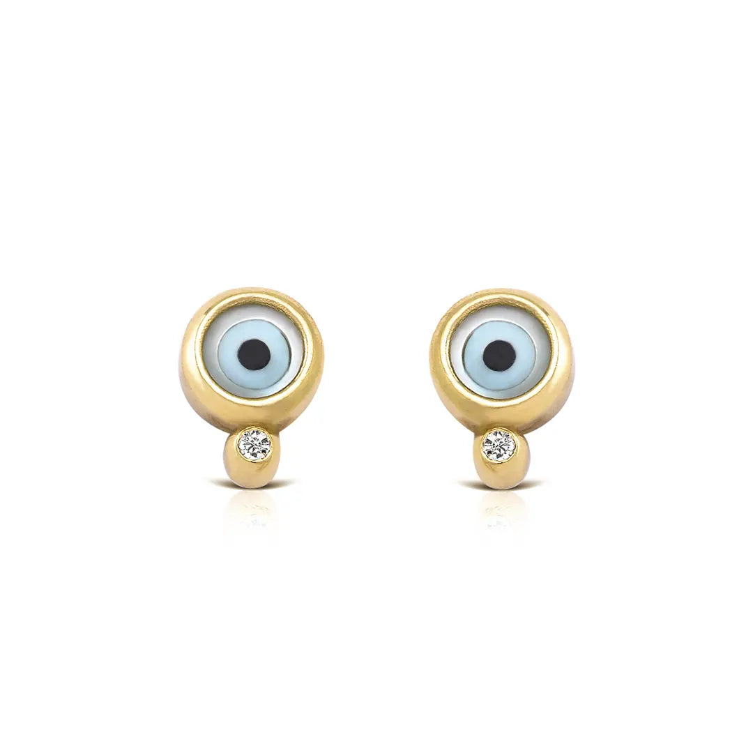 Round Evil Eye 14K Gold Tiny Earrings with Diamond