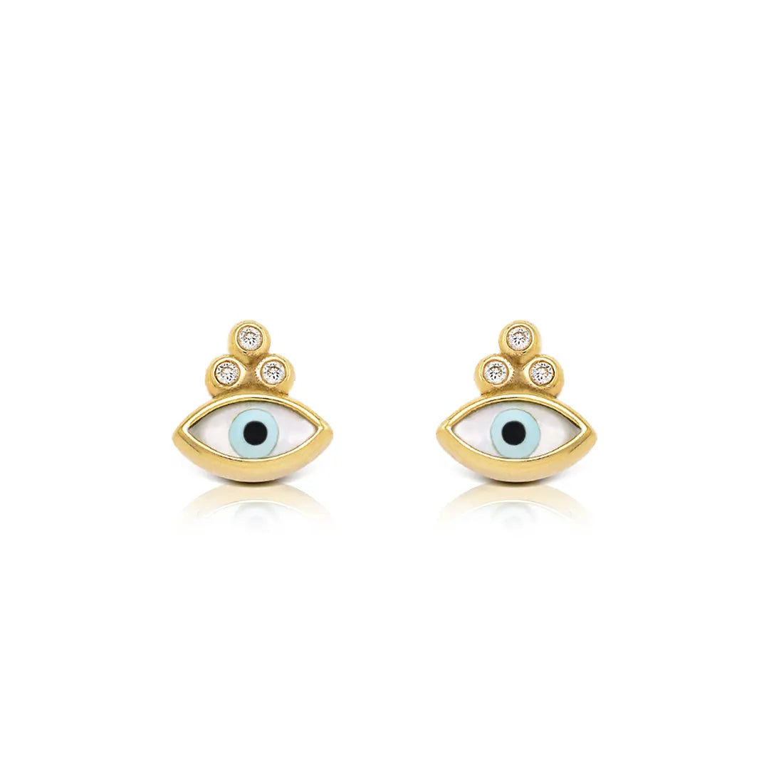 Navette Evil Eye Tiny Stud Earrings with 3 diamonds