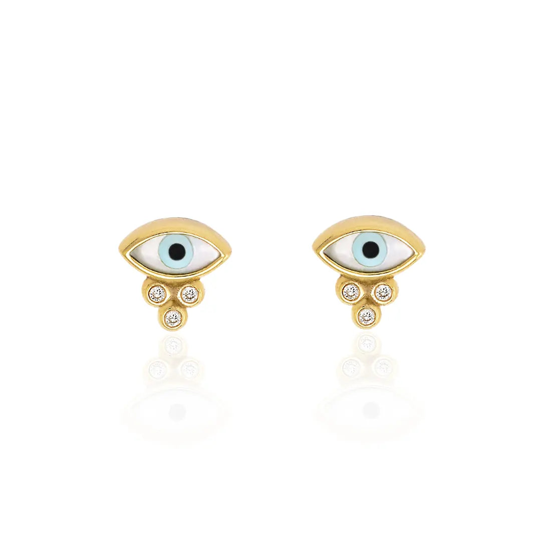 Navette Evil Eye 14K Gold Tiny Earrings with 3 Diamonds