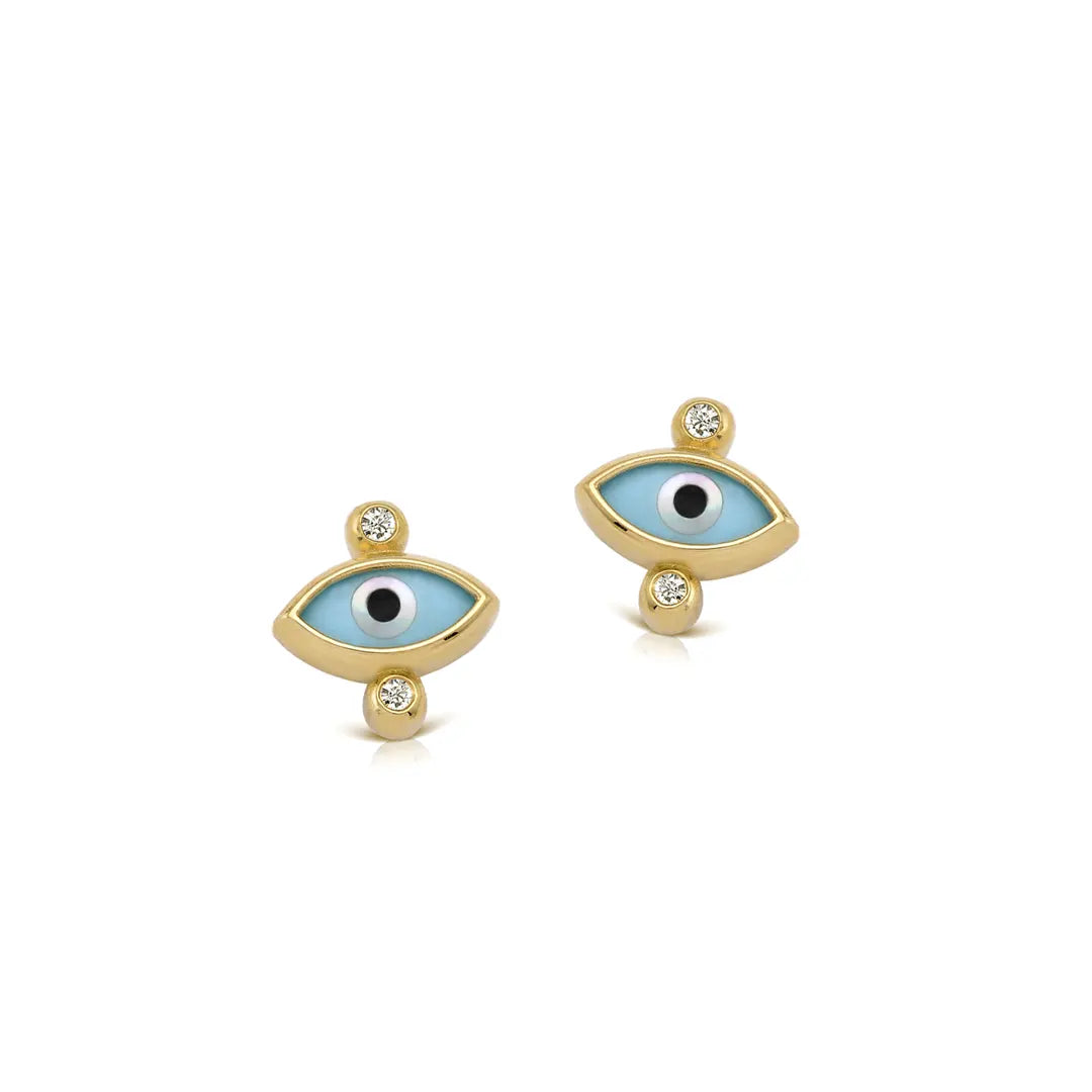 Navette Evil Eye 14K Gold Tiny Earrings with 2 Diamonds