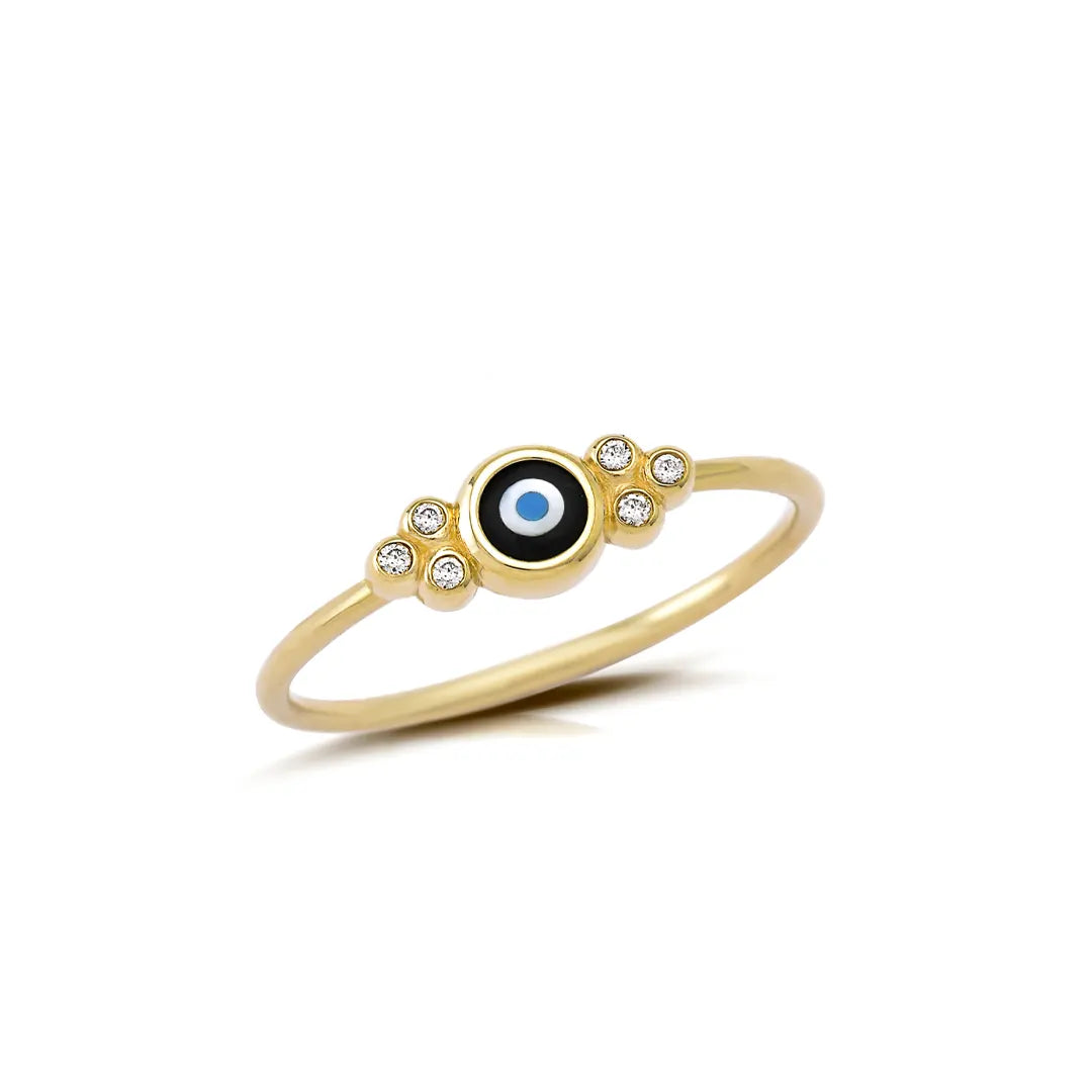 Round Evil Eye 14K Gold Ring with 6 Diamonds