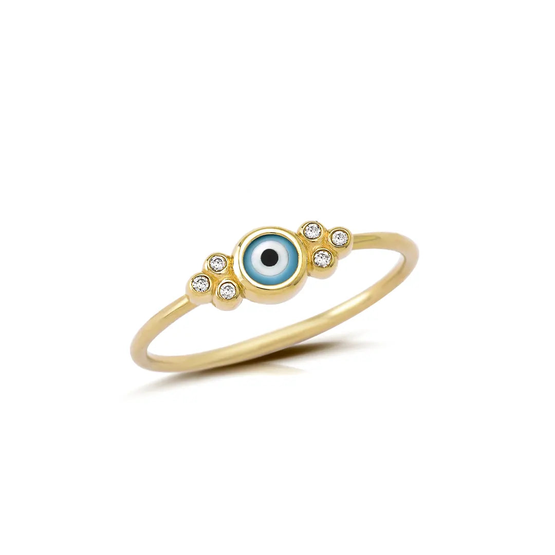 Round Evil Eye 14K Gold Ring with 6 Diamonds