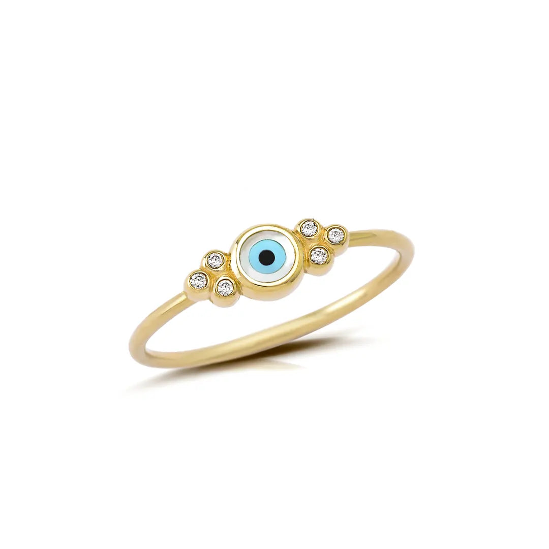 Round Evil Eye 14K Gold Ring with 6 Diamonds