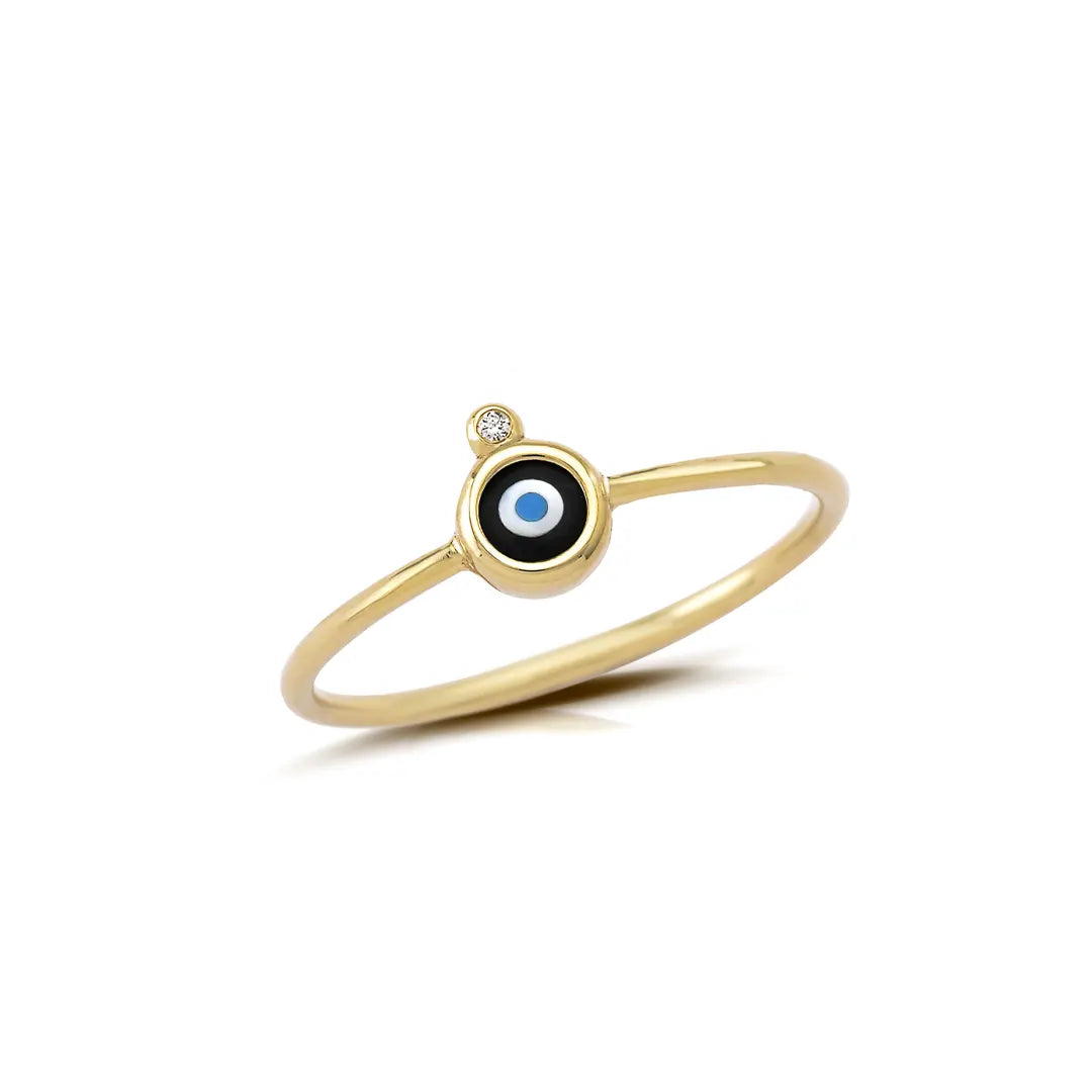 Round Evil Eye 14K Gold Tiny Ring with Diamond
