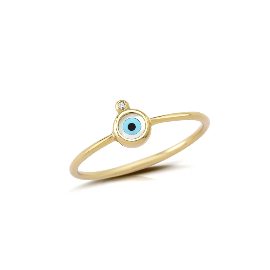 Round Evil Eye 14K Gold Tiny Ring with Diamond