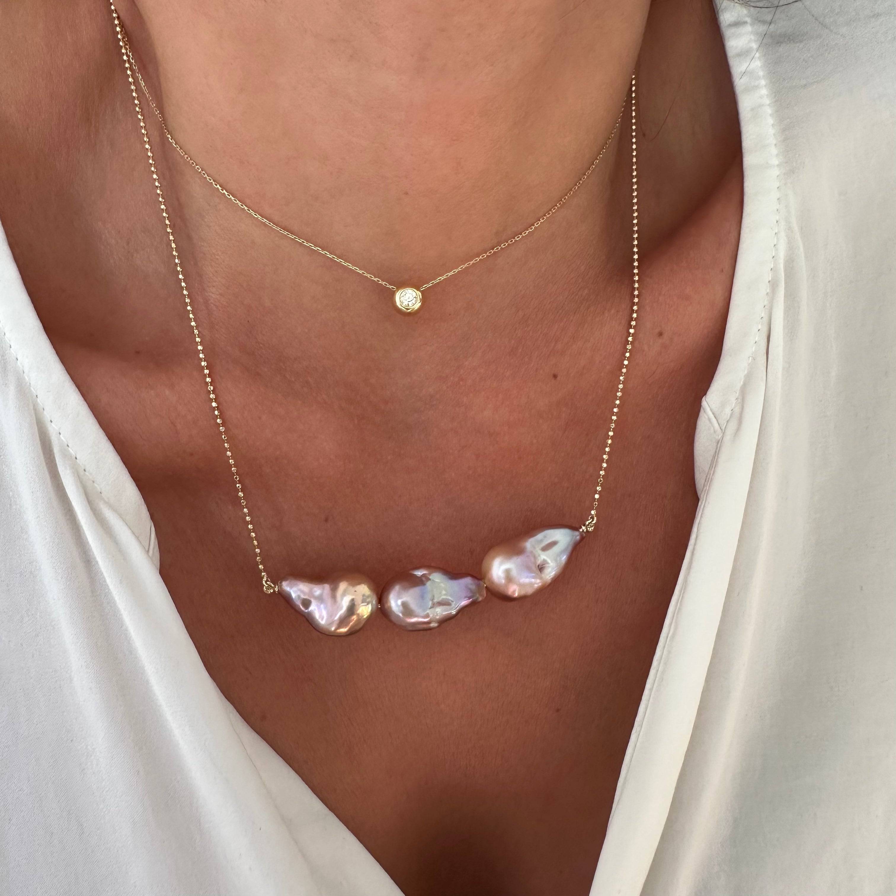 14K Gold 3 Pinky-Grey Baroque Pearls Necklace