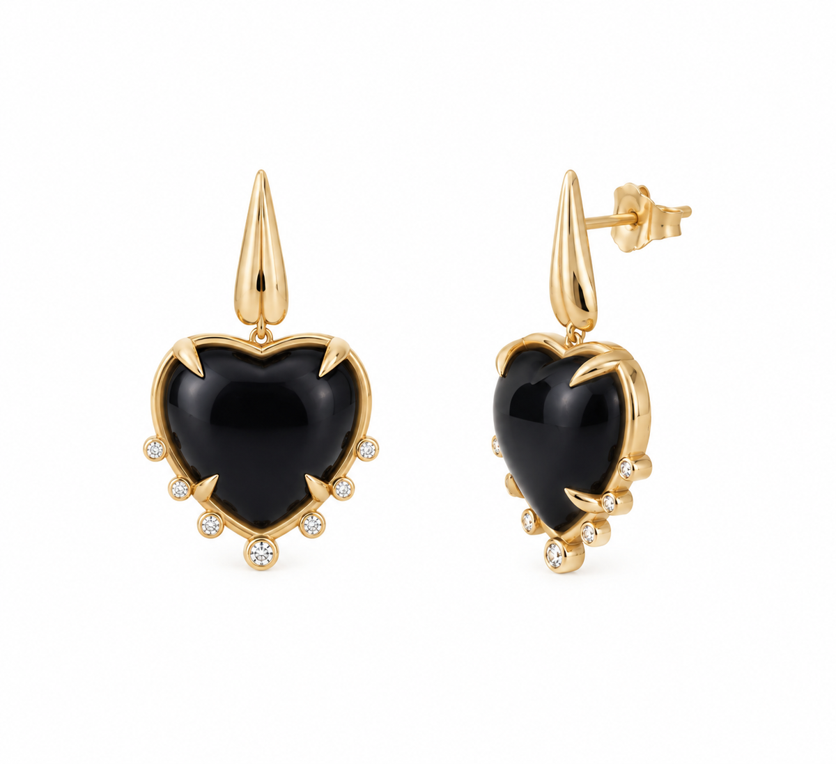 Heart Shaped Onyx 14K Gold Earrings with 7 Diamonds