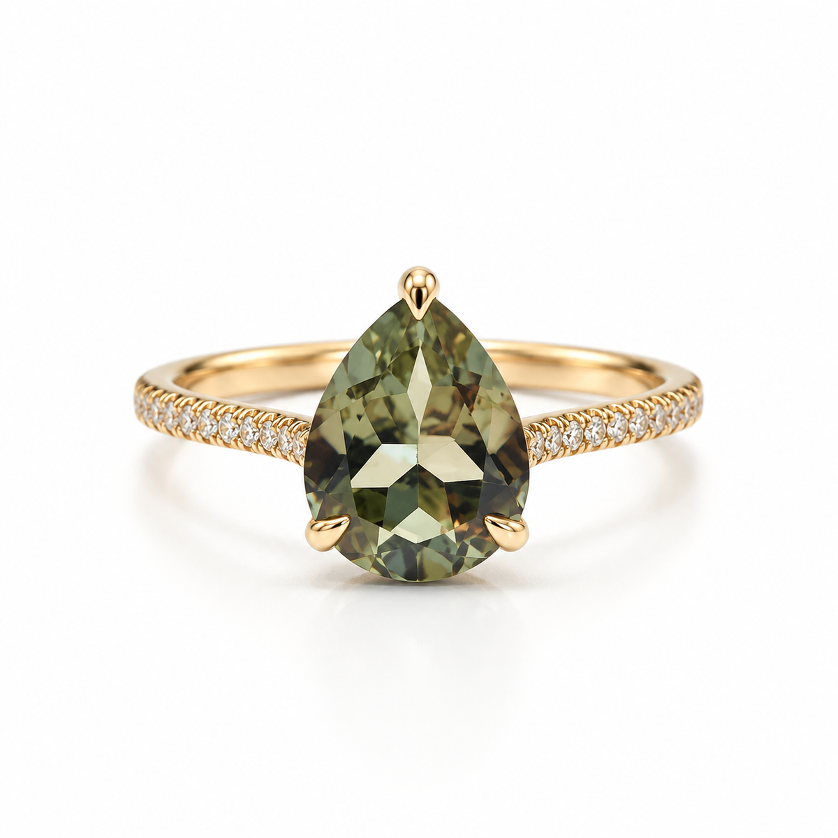 14k Gold Grey Sage Pear Tourmaline Ring with Diamonds
