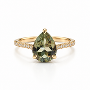 14k Gold Grey Sage Pear Tourmaline Ring with Diamonds