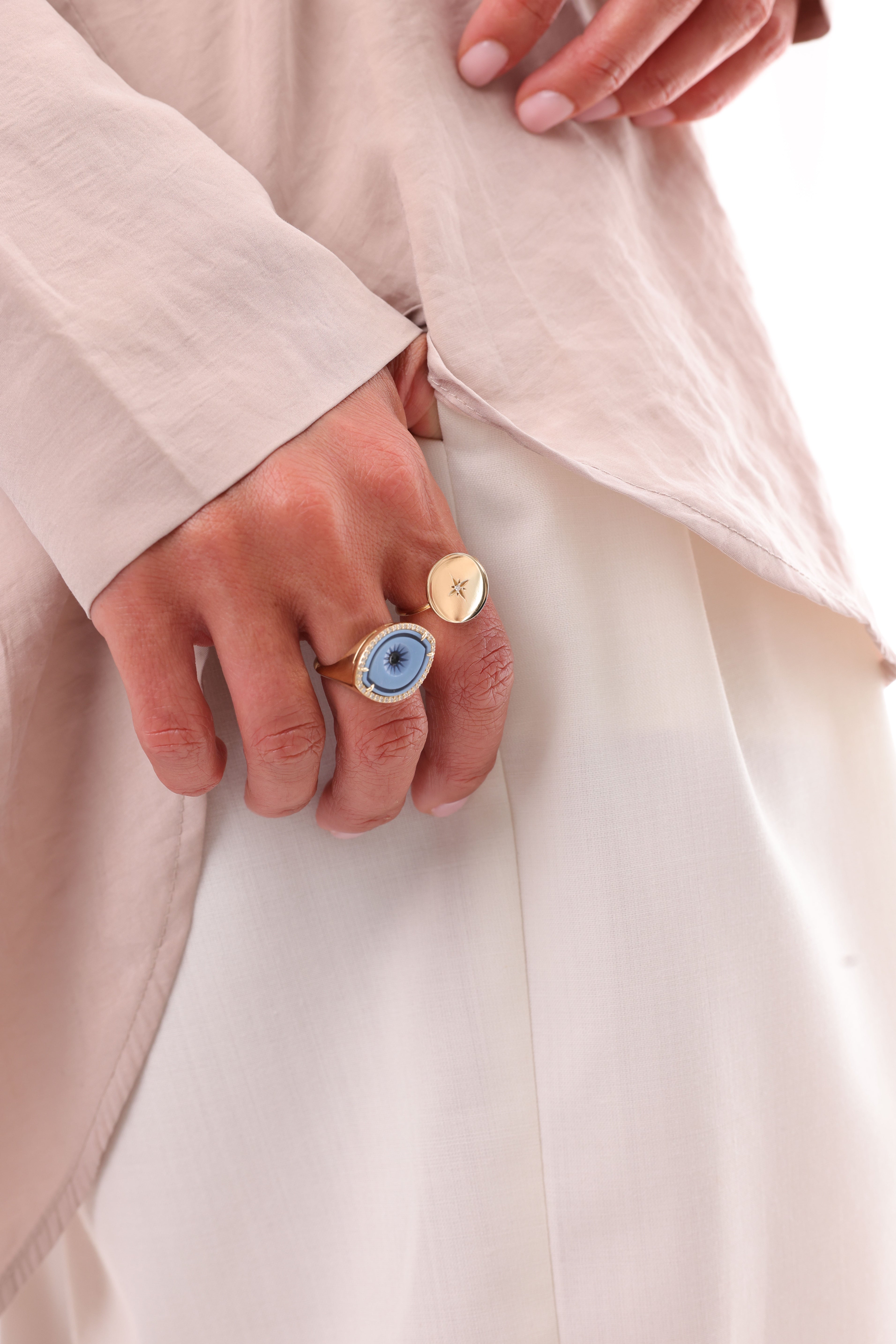 Cycladic Talisman 14K Gold Ring with Cameo Eye framed with Diamonds