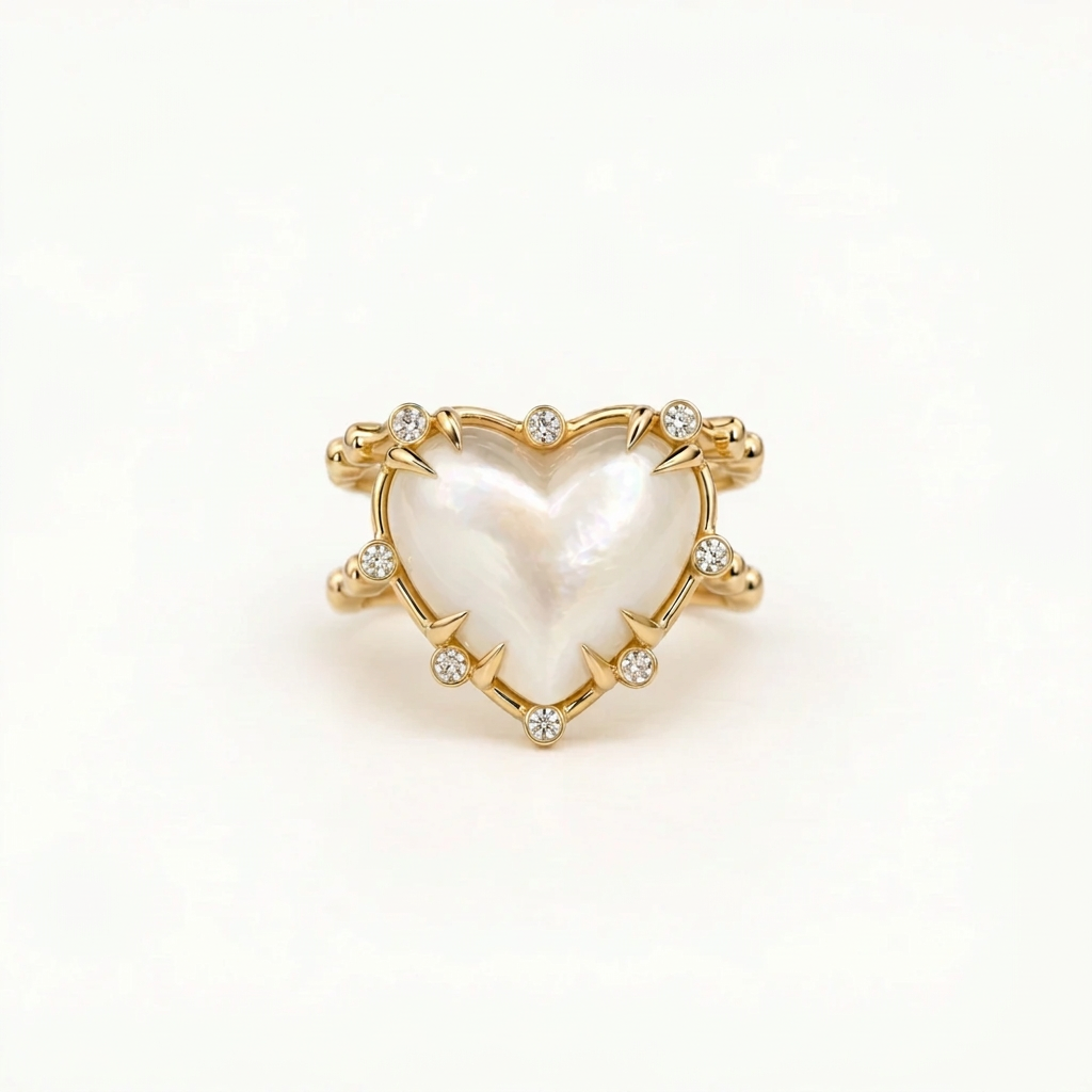 14K Gold Double Band, Fresh Water Pearl Heart Ring with Diamonds