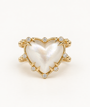 14K Gold Double Band, Fresh Water Pearl Heart Ring with Diamonds