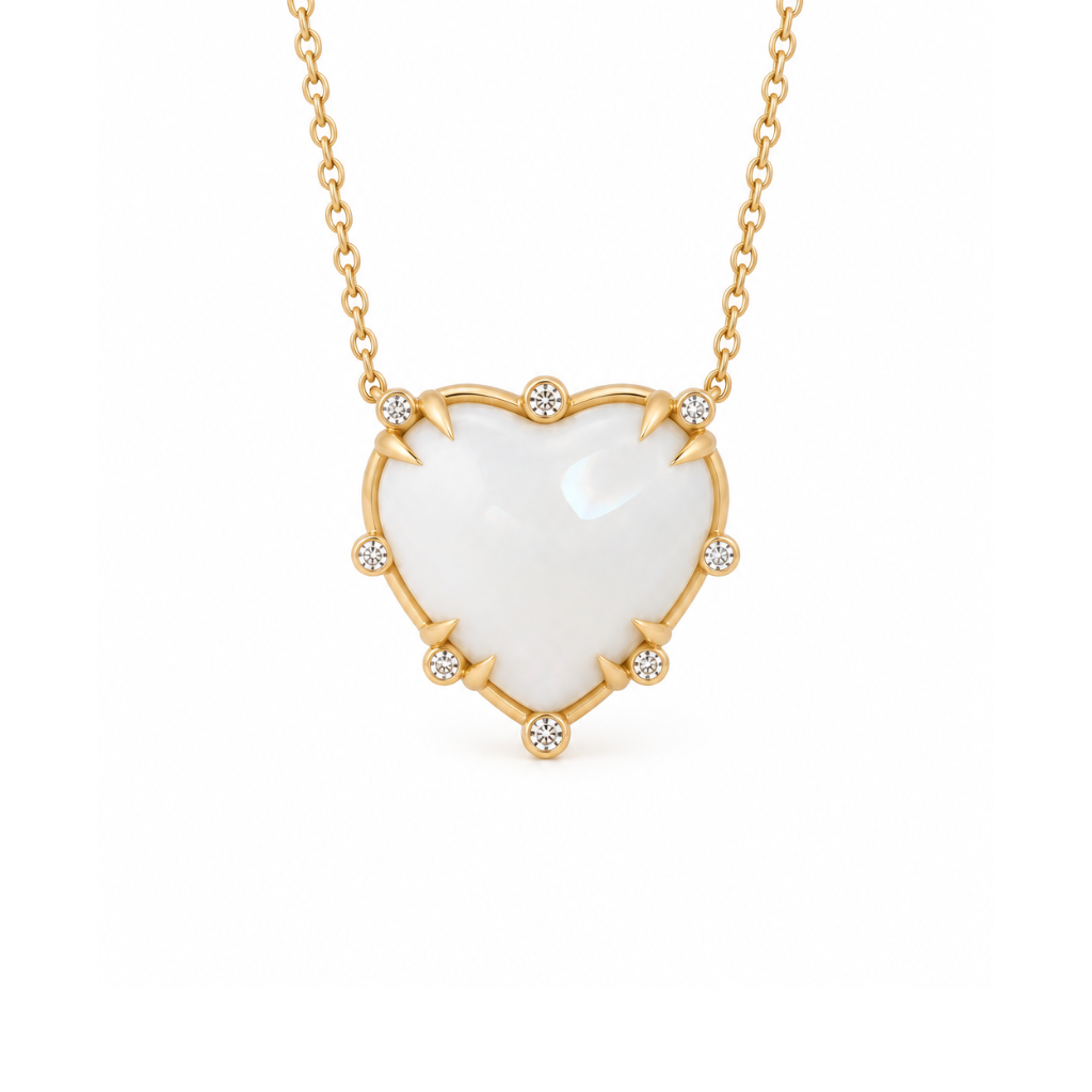 Small Heart Shaped White Agate 14K Gold Necklace with 8 Diamonds