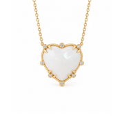 Small Heart Shaped White Agate 14K Gold Necklace with 8 Diamonds
