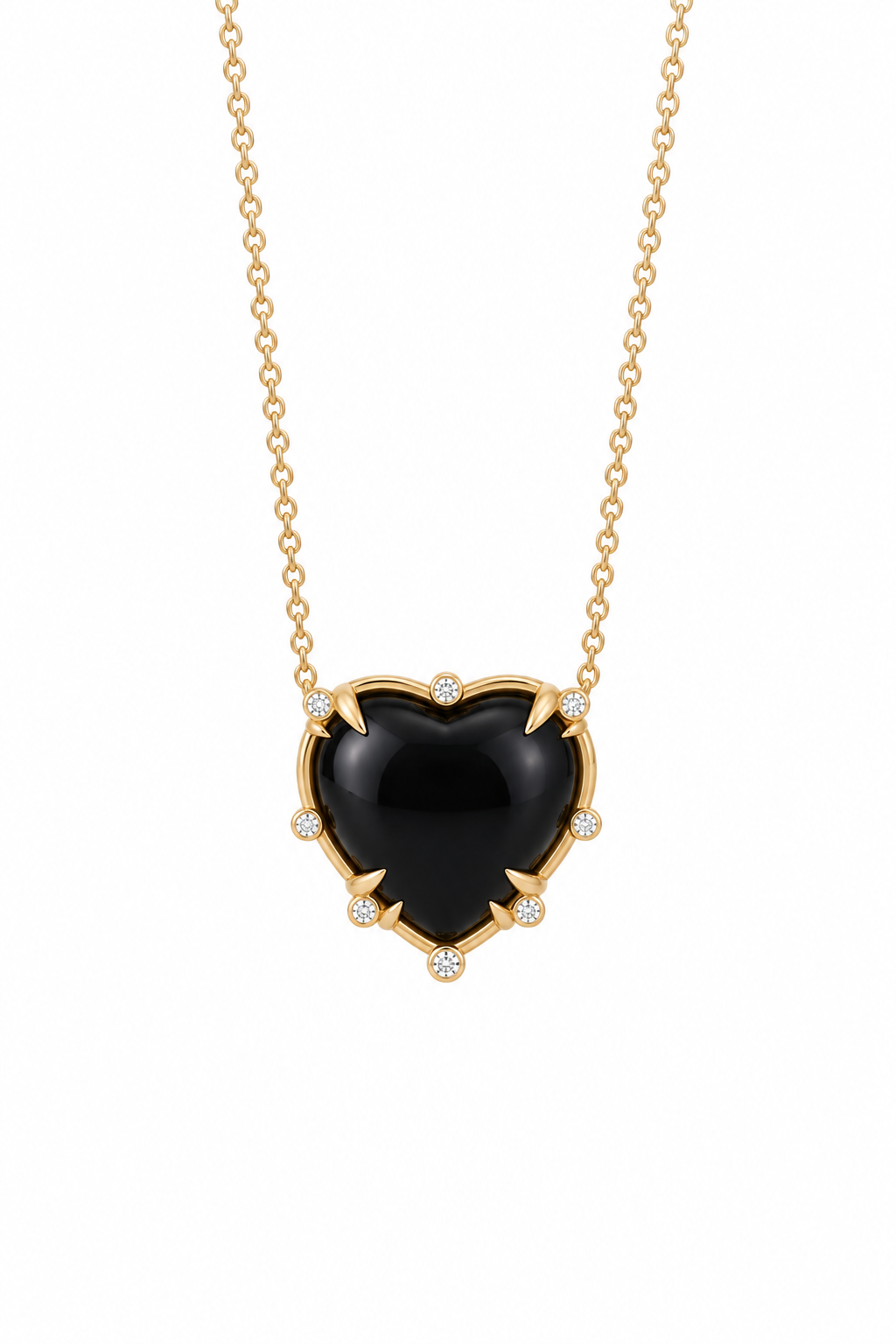 Big Heart Shaped Onyx 14K Gold Necklace with 8 Diamonds