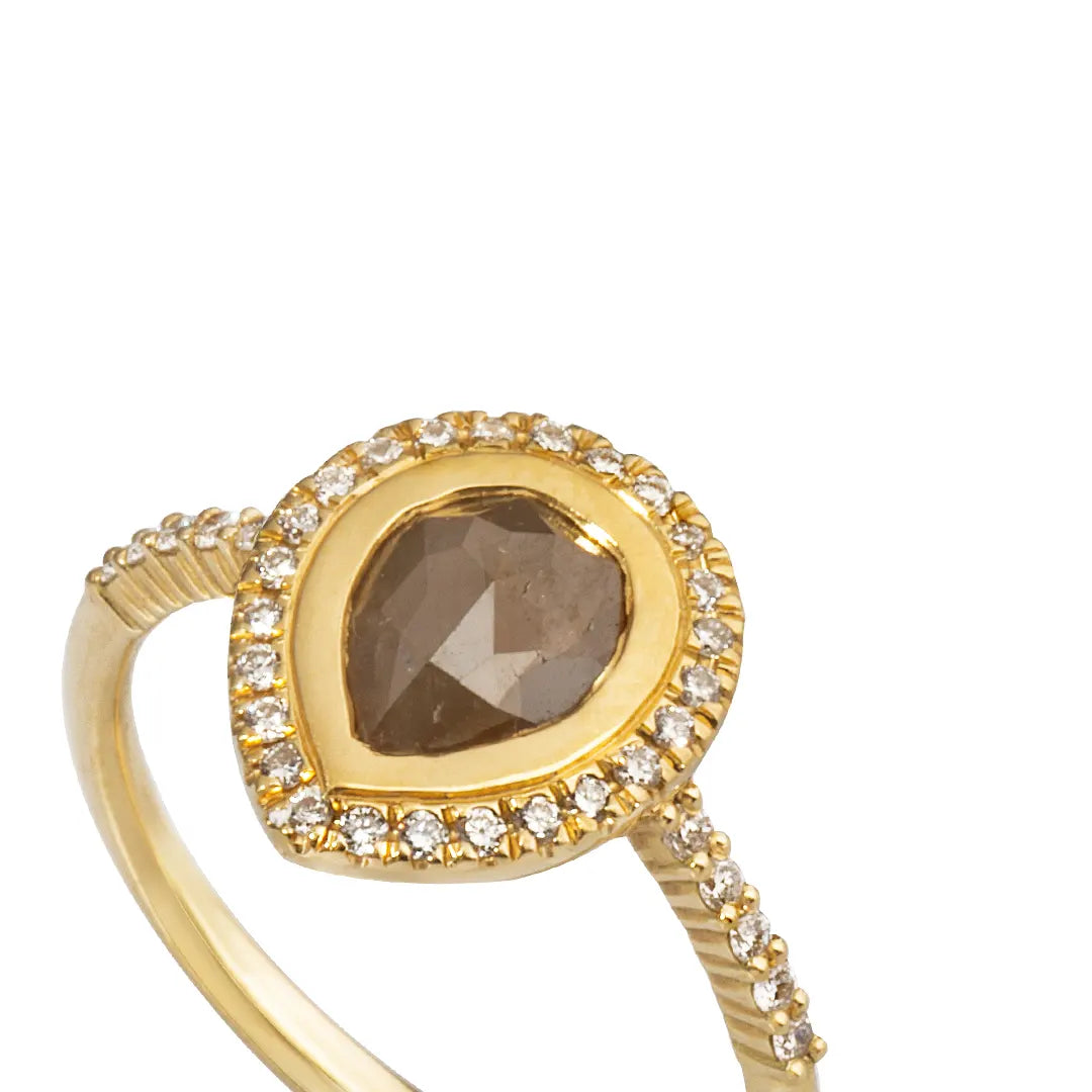 18K Gold Pear-Shaped Rosecut Diamond Ring with White Diamond Halo
