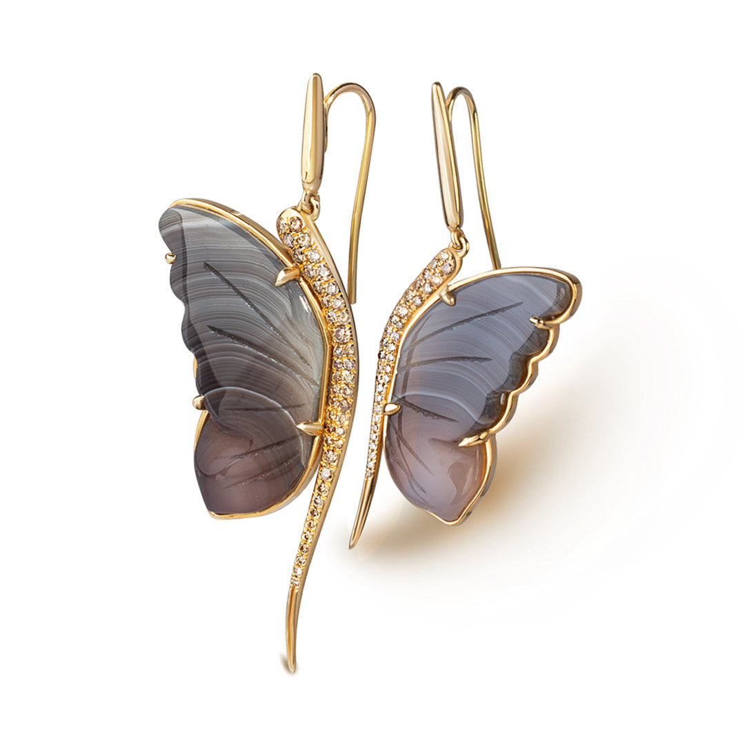 14K Gold Butterfly Earrings with Grey and Brown Agate and Brown Diamonds