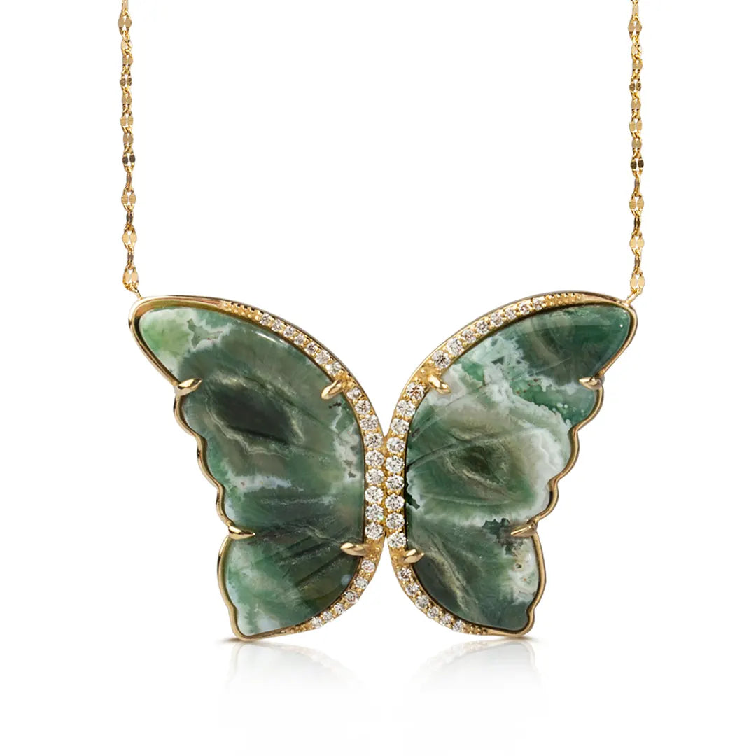 14K Gold Butterfly Necklace with Green Agate and Diamonds