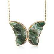 14K Gold Butterfly Necklace with Green Agate and Diamonds