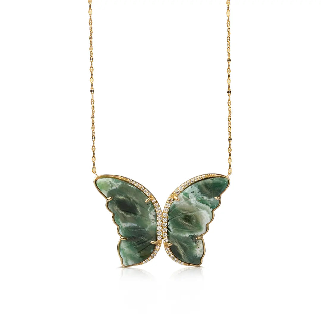 14K Gold Butterfly Necklace with Green Agate and Diamonds