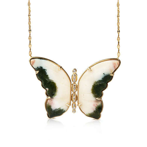 14K Gold Butterfly Necklace with White and Green Agate and Diamonds