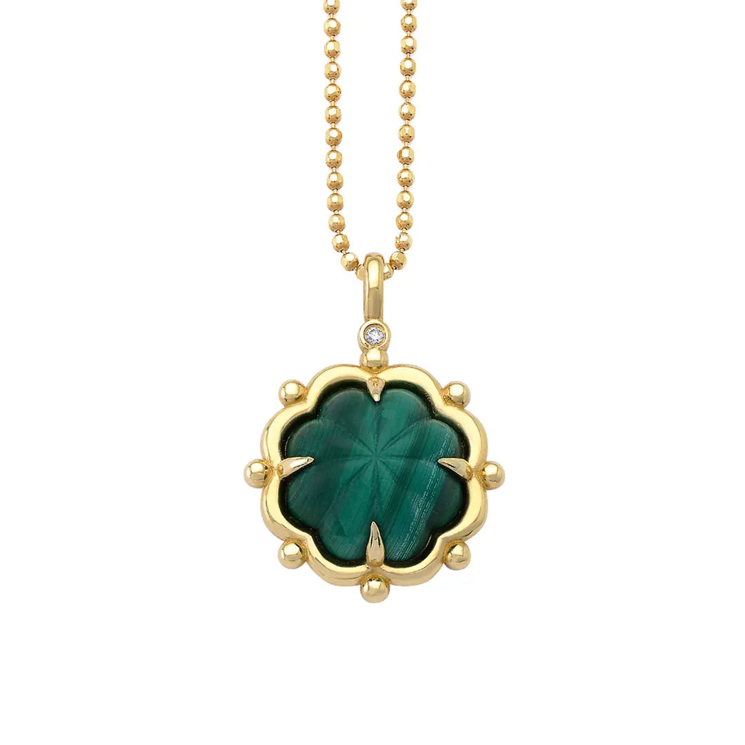 14K Gold Flower Necklace with Malachite Gemstone