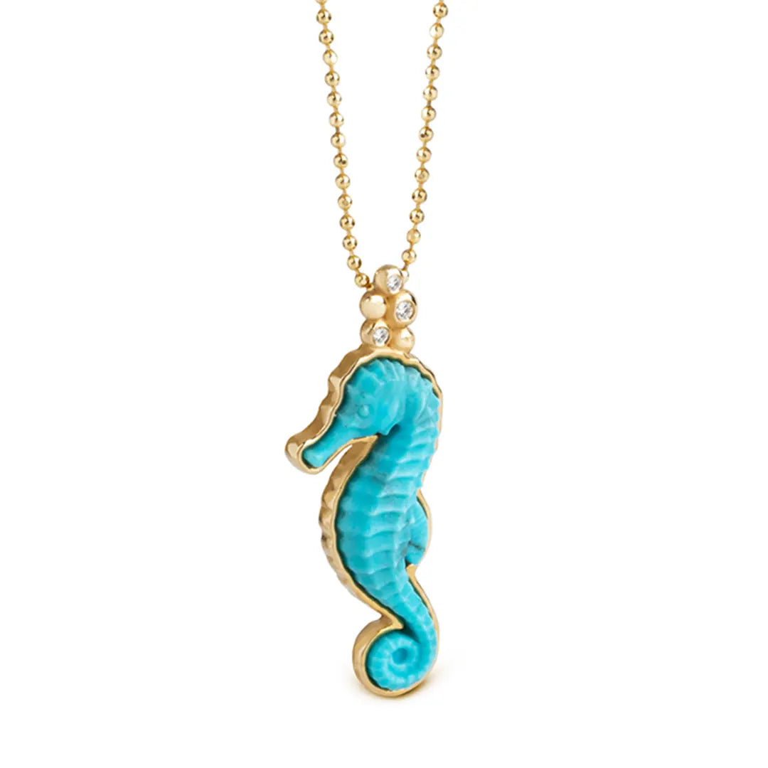 14K Gold Seahorse Necklace with Turquoise and Diamonds
