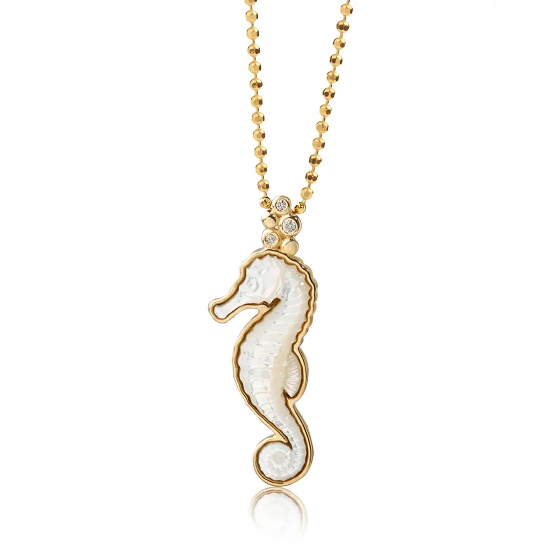 14K Gold Seahorse Necklace with Mother of Pearl and Diamonds