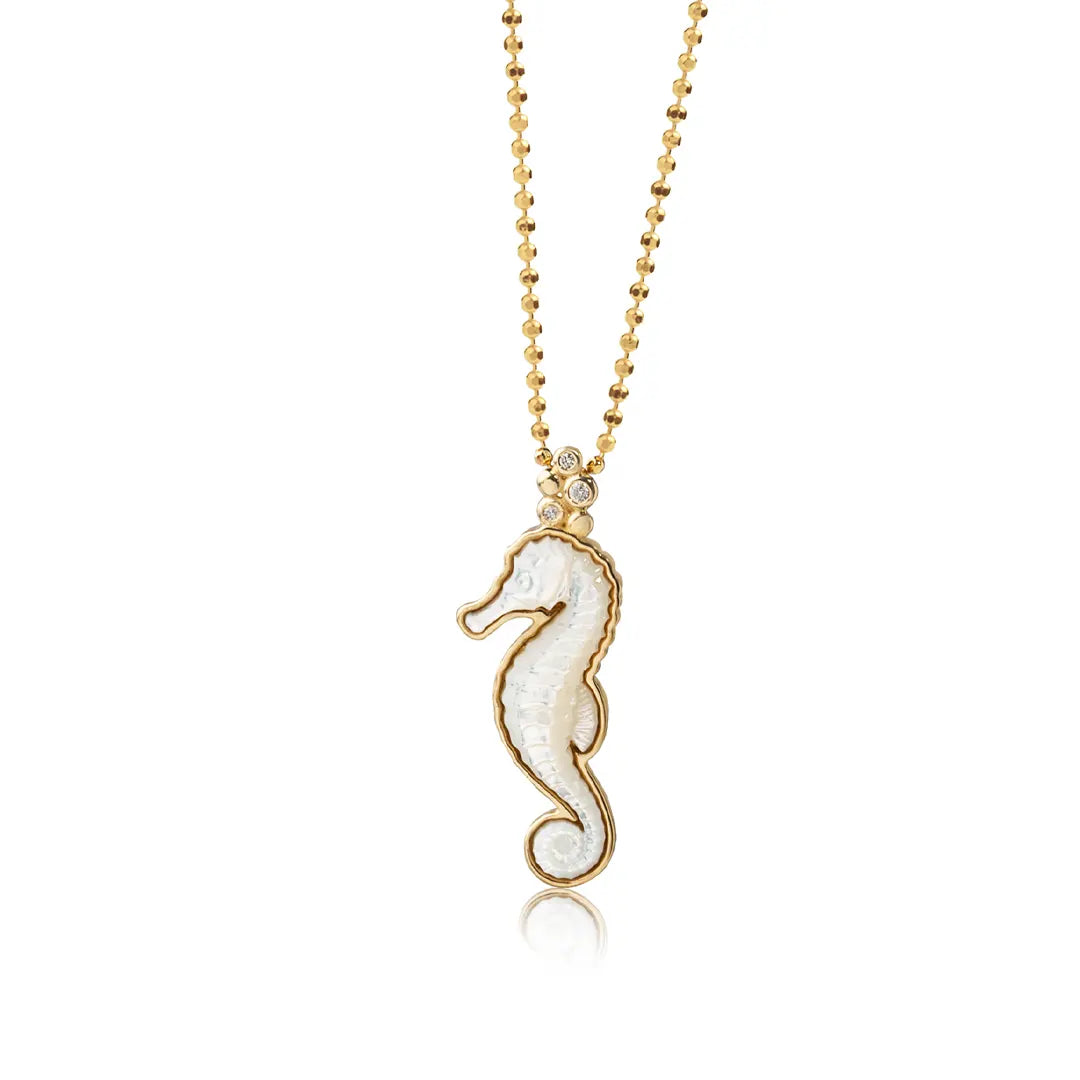 14K Gold Seahorse Necklace with Mother of Pearl and Diamonds