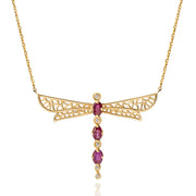 14K Gold Dragonfly Necklace with Dark Pink Tourmalines and Diamonds