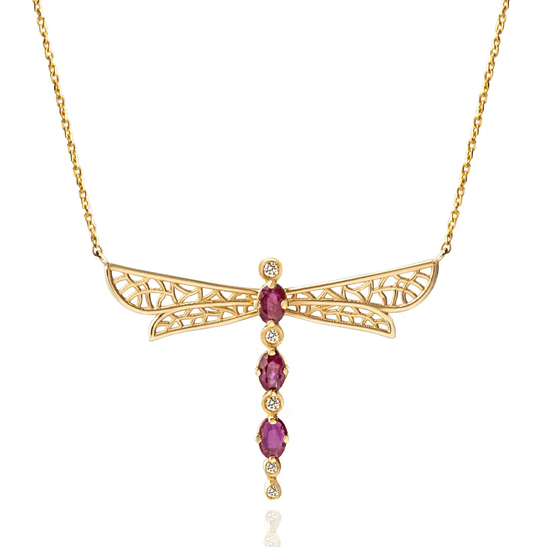 14K Gold Dragonfly Necklace with Dark Pink Tourmalines and Diamonds