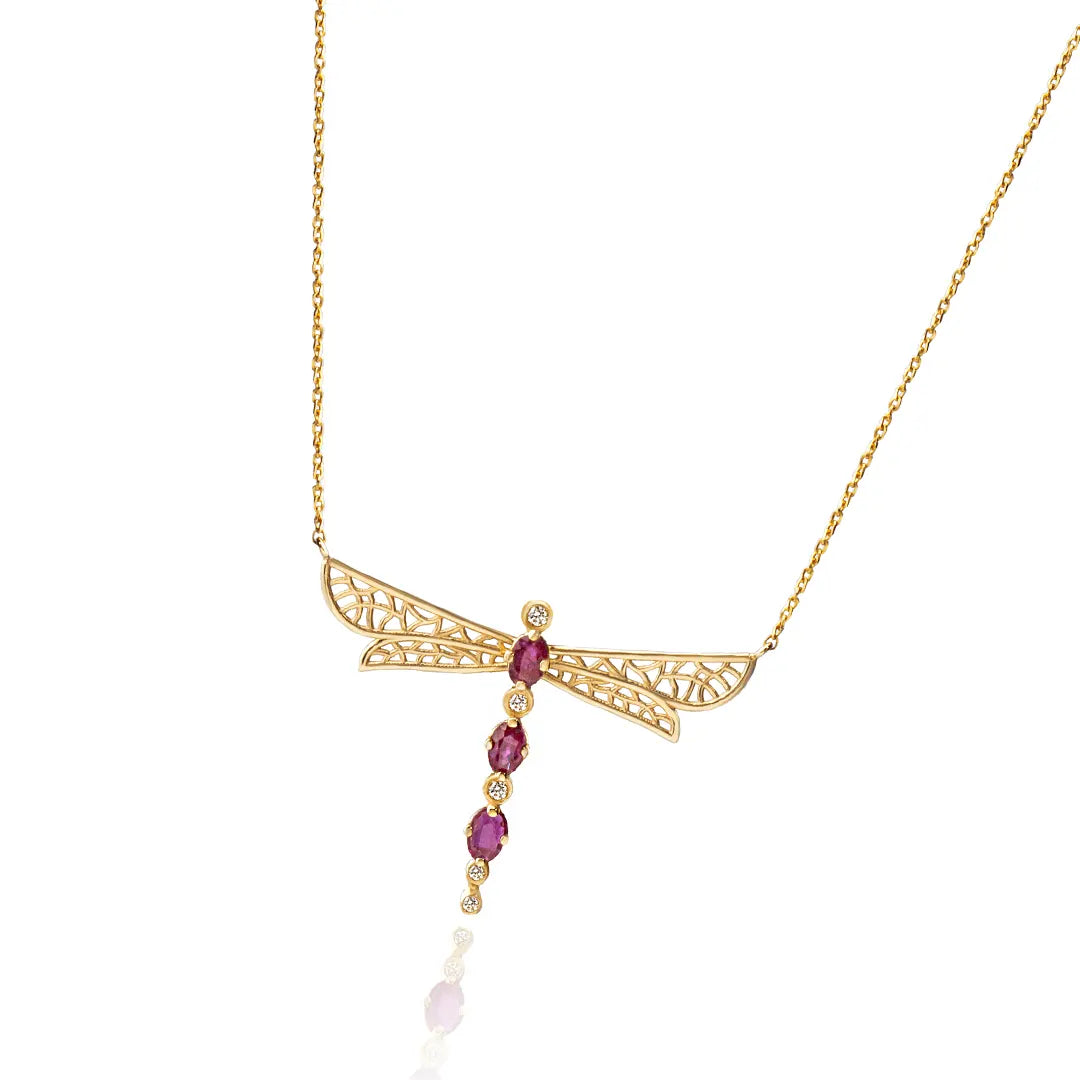 14K Gold Dragonfly Necklace with Rubies and Diamonds
