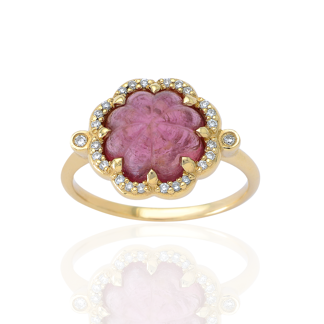 14K Gold Pink Tourmaline Flower Ring with Diamonds