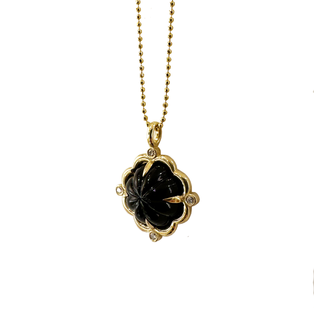 14K Gold Black Onyx Flower Necklace with Diamonds