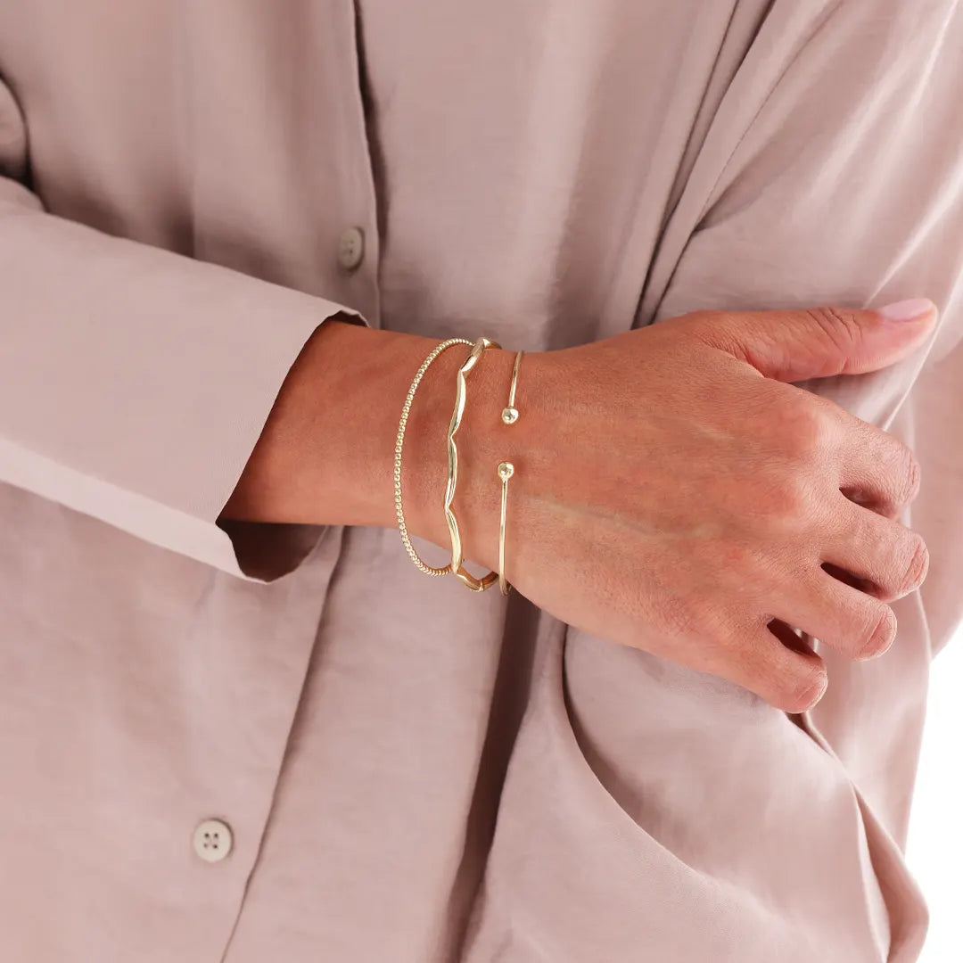 14K gold Thin Open Bracelet with 2 bold Dots