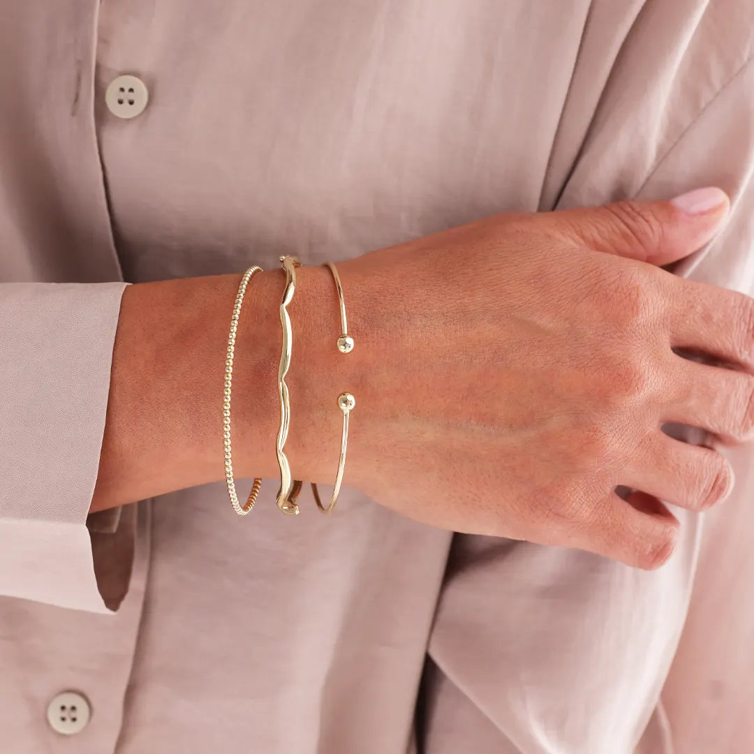14K gold Thin Open Bracelet with 2 bold Dots