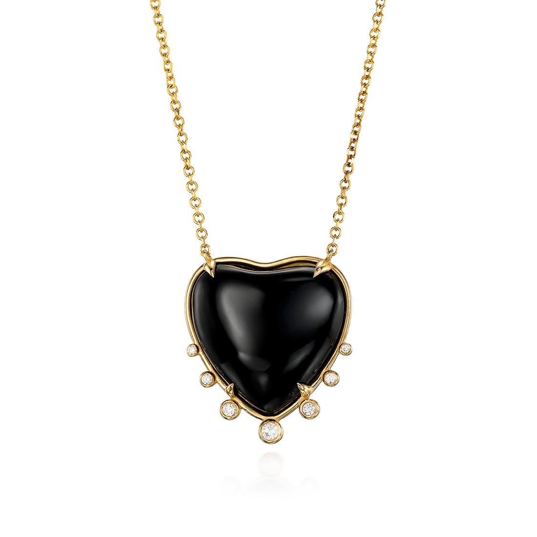 Big Heart Shaped Onyx 14K Gold Necklace with 7 Diamonds