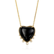 Big Heart Shaped Onyx 14K Gold Necklace with 7 Diamonds