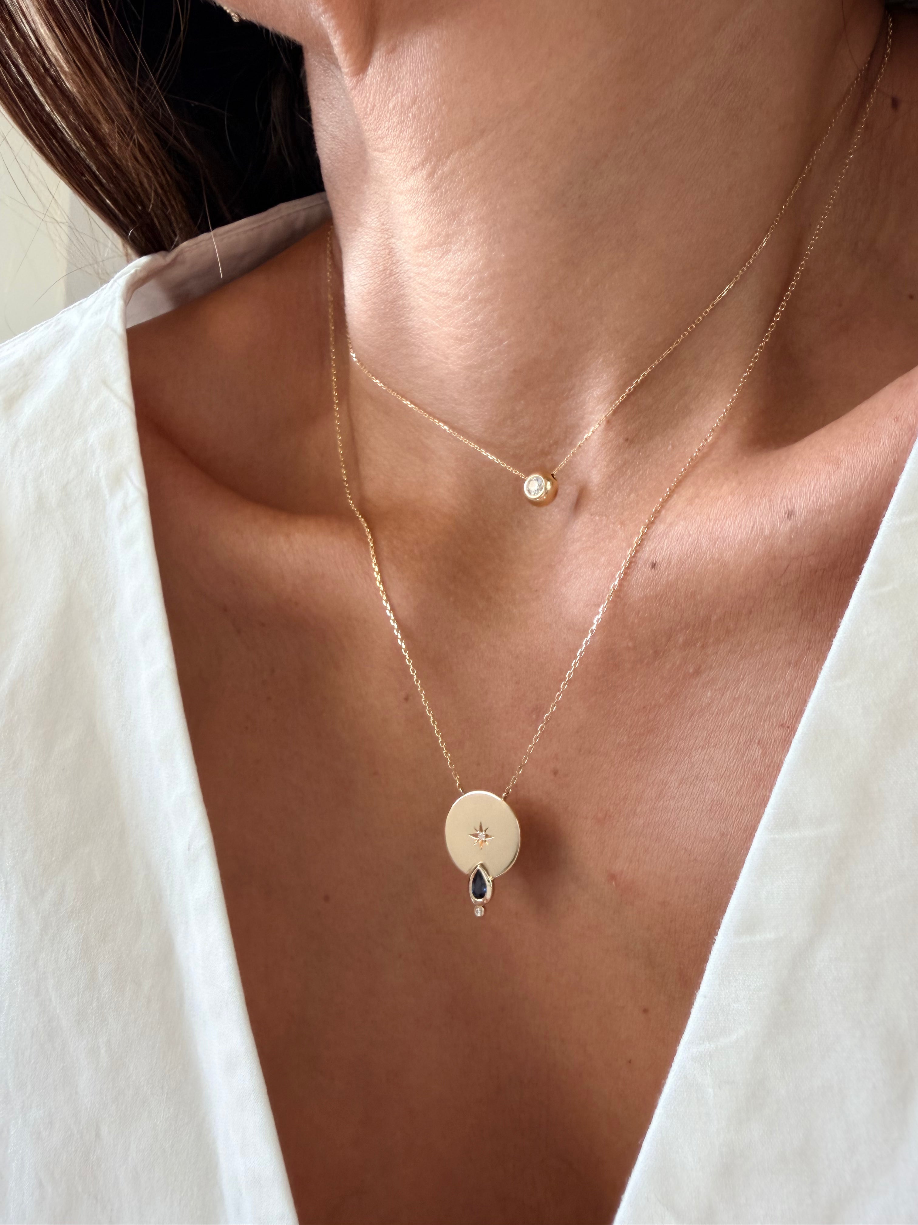 14K Gold Big Circle Diamond Star Necklace with Sapphire